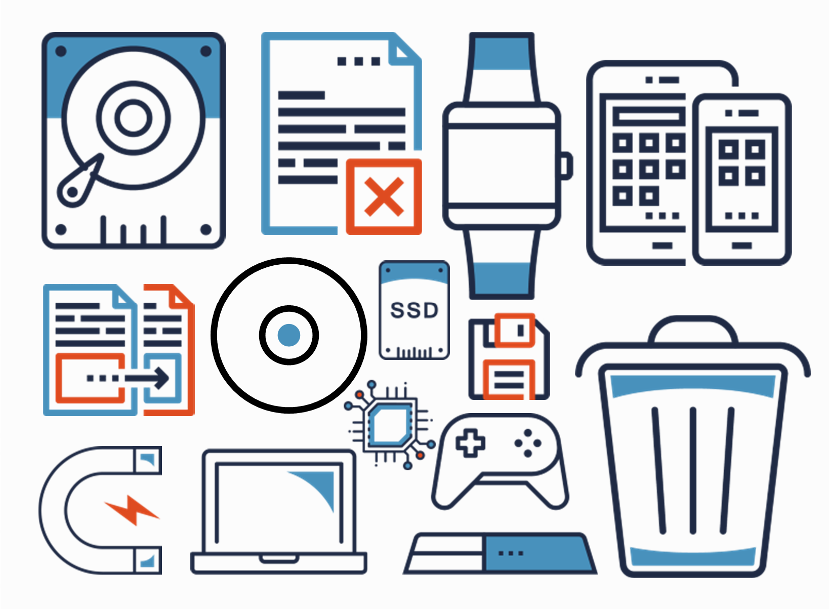 Icons of various types of electronic devices that should be sanitized prior to disposal such as a solid state drive (SSD) and a smart watch.