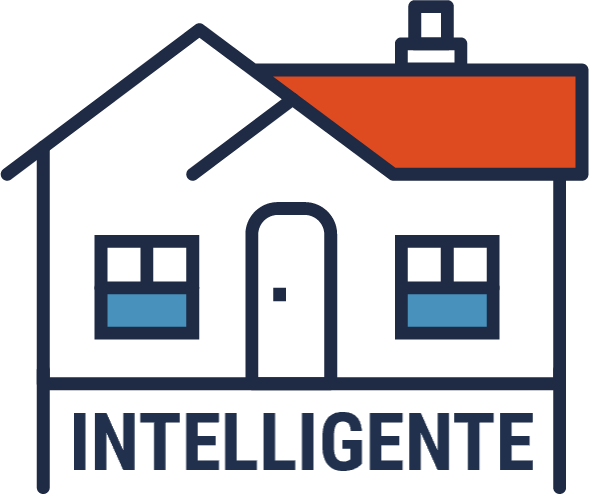 Icône d’une maison sous laquelle il est écrit « INTELLIGENTE » et qui représente une maison munie de dispositifs intelligents.