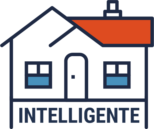Icône d’une maison sous laquelle il est écrit « INTELLIGENTE » et qui représente une maison munie de dispositifs intelligents.